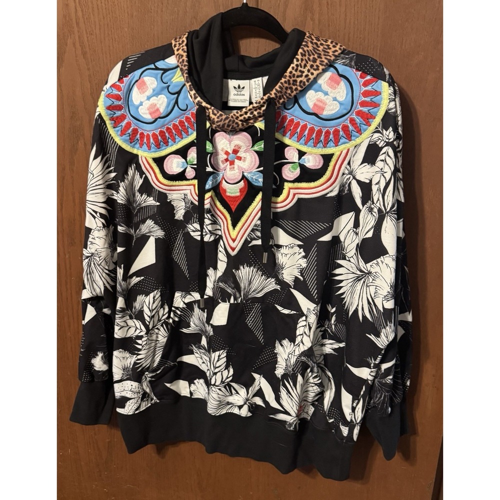 Adidas X FARM Rio Hoodie Sweatshirt Embroidered Tropical Leopard Sz L GTub2
